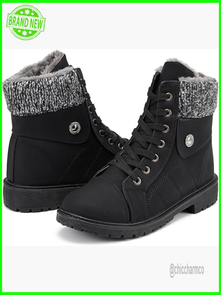 Winter Snow Boots With Fur Lining Water-Resistant Ankle Booties Zipper Lace-Up